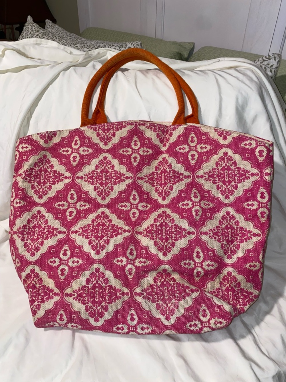2 Chic Pink Patterned Tote with Orange Handles‎